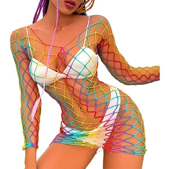 𝅺🌈 Rainbow Fishnet Stockings Mesh Lingerie Bodysuit BDSM Bondage Cosplay NWT - Picture 1 of 6